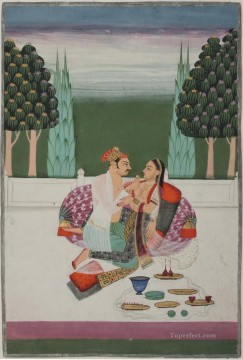 人気のインド料理 Painting - ナヤカ・ナイカ・ベーダのフォリオ インドの宮殿のテラスで部分的に服を脱いでワインを飲む愛するカップル